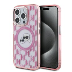 Husa iPhone 15 Pro Max Karl Lagerfeld IML MagSafe, Monogram Karl&Choupette Head, roz, KLHMP15XHMCKMHP