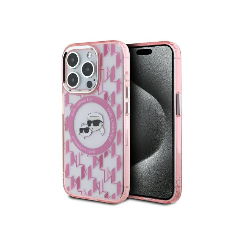 Husa iPhone 15 Pro Max Karl Lagerfeld IML MagSafe, Monogram Karl&Choupette Head, roz, KLHMP15XHMCKMHP