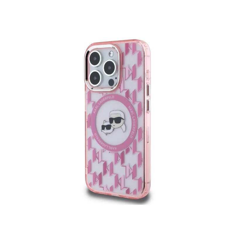 Husa iPhone 15 Pro Max Karl Lagerfeld IML MagSafe, Monogram Karl&Choupette Head, roz, KLHMP15XHMCKMHP