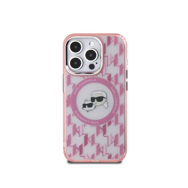 Husa iPhone 15 Pro Max Karl Lagerfeld IML MagSafe, Monogram Karl&Choupette Head, roz, KLHMP15XHMCKMHP