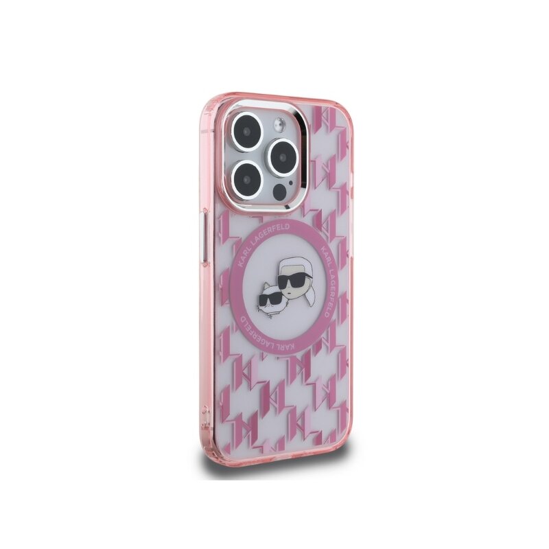 Husa iPhone 15 Pro Max Karl Lagerfeld IML MagSafe, Monogram Karl&Choupette Head, roz, KLHMP15XHMCKMHP