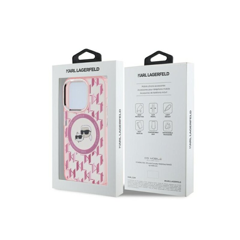 Husa iPhone 15 Pro Max Karl Lagerfeld IML MagSafe, Monogram Karl&Choupette Head, roz, KLHMP15XHMCKMHP