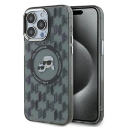 Husa iPhone 15 Pro Max Karl Lagerfeld IML MagSafe, Monogram Karl&Choupette Head, negru, KLHMP15XHMCKMHK