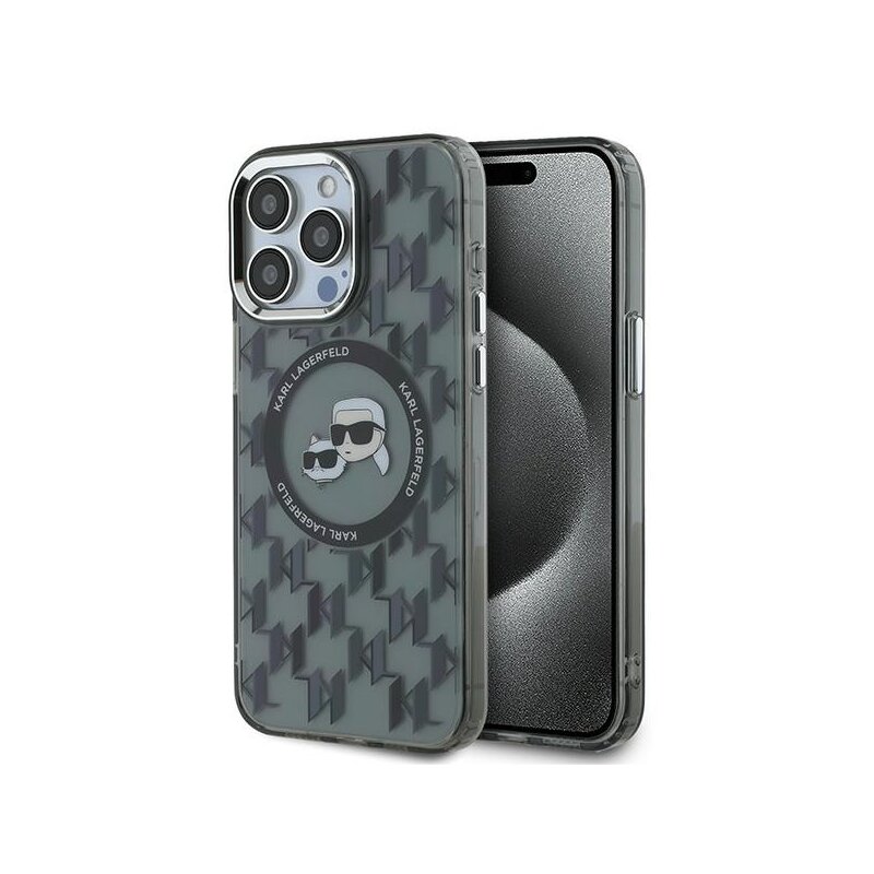 Husa iPhone 15 Pro Max Karl Lagerfeld IML MagSafe, Monogram Karl&Choupette Head, negru, KLHMP15XHMCKMHK