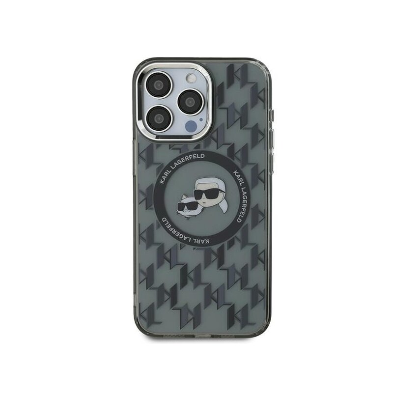 Husa iPhone 15 Pro Max Karl Lagerfeld IML MagSafe, Monogram Karl&Choupette Head, negru, KLHMP15XHMCKMHK
