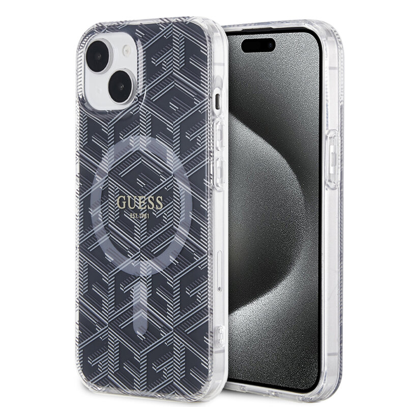 Husa iPhone 15 Plus originala Guess IML GCube MagSafe, negru, GUHMP15MHGCUSTGK