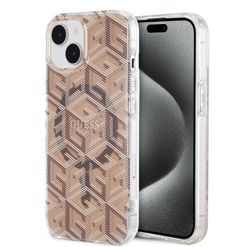 Husa iPhone 15 originala Guess IML GCube MagSafe, maro, GUHMP15SHGCUSTGW