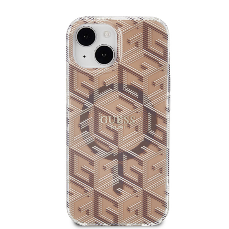 Husa iPhone 15 originala Guess IML GCube MagSafe, maro, GUHMP15SHGCUSTGW