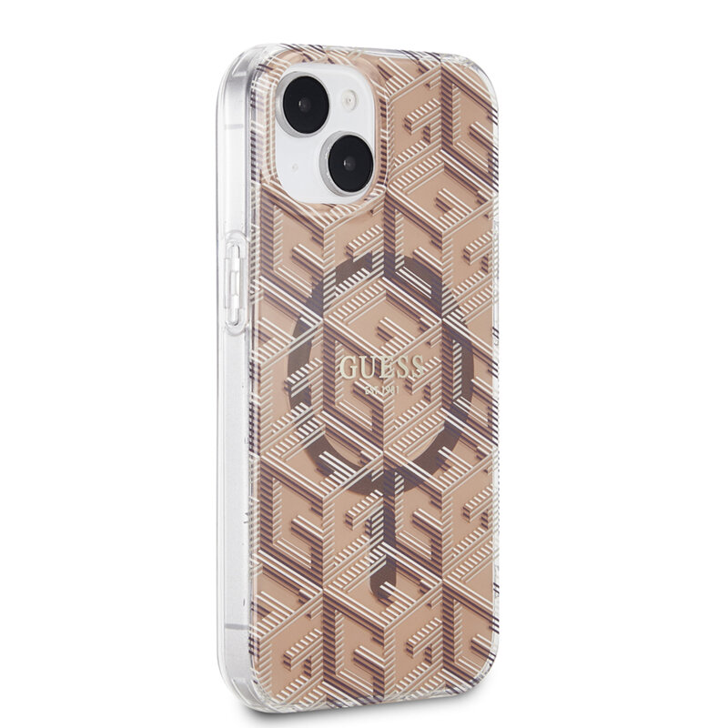 Husa iPhone 15 originala Guess IML GCube MagSafe, maro, GUHMP15SHGCUSTGW