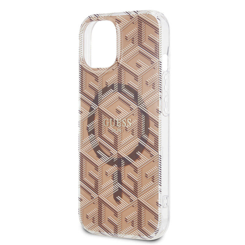 Husa iPhone 15 originala Guess IML GCube MagSafe, maro, GUHMP15SHGCUSTGW