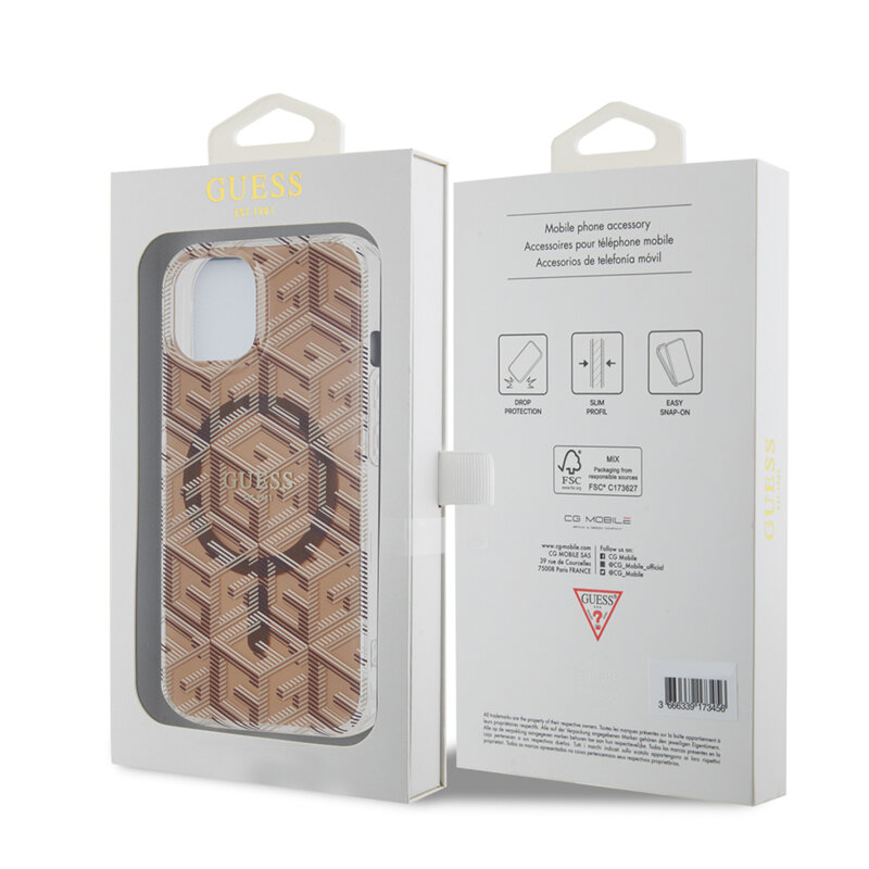 Husa iPhone 15 originala Guess IML GCube MagSafe, maro, GUHMP15SHGCUSTGW