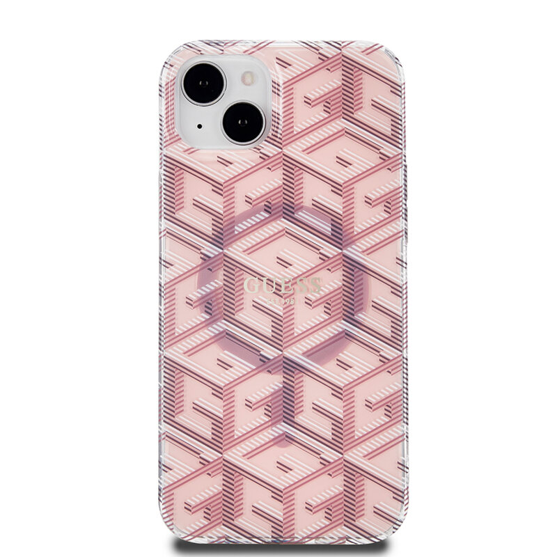 Husa iPhone 15 originala Guess IML GCube MagSafe, roz, GUHMP15SHGCUSTGP