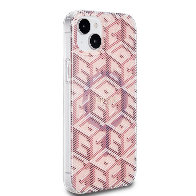 Husa iPhone 15 originala Guess IML GCube MagSafe, roz, GUHMP15SHGCUSTGP