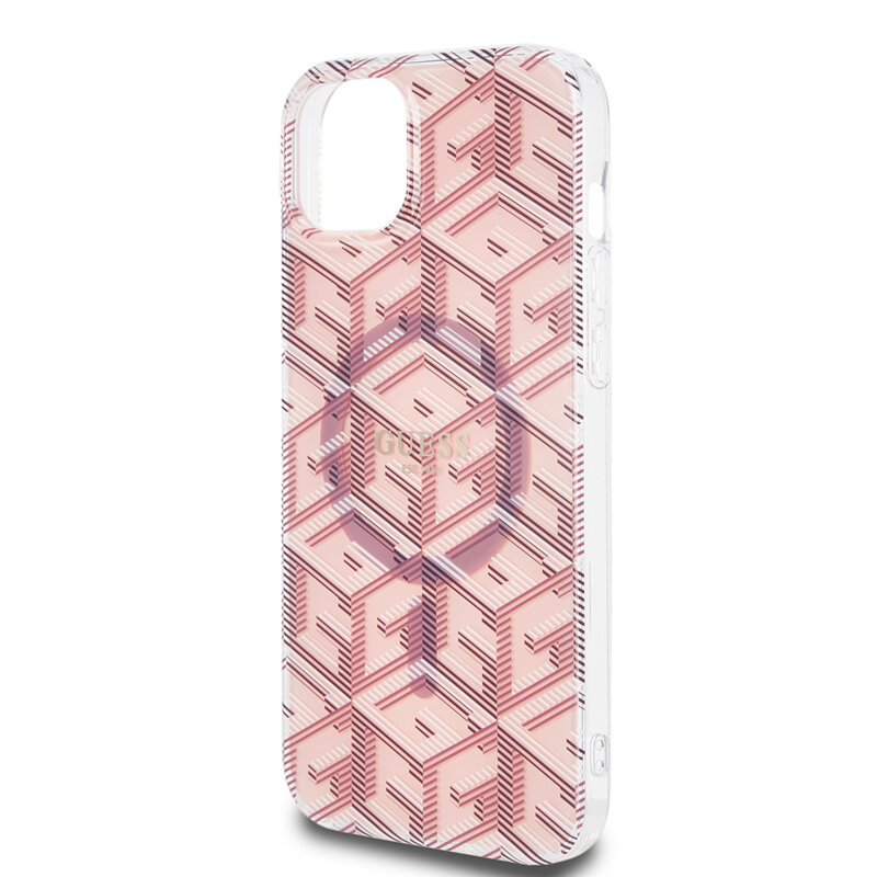 Husa iPhone 15 originala Guess IML GCube MagSafe, roz, GUHMP15SHGCUSTGP