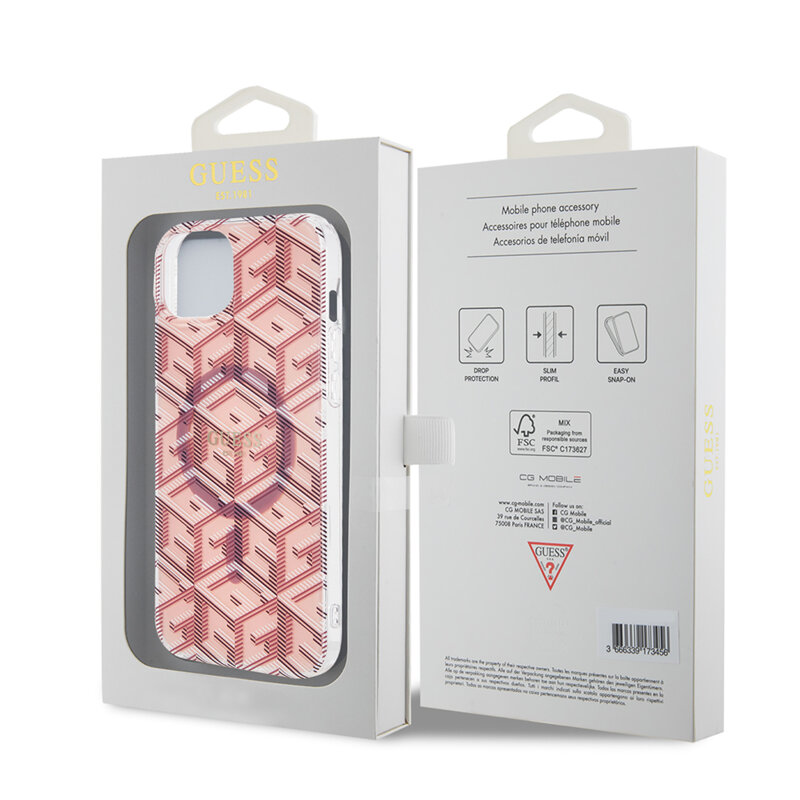 Husa iPhone 15 originala Guess IML GCube MagSafe, roz, GUHMP15SHGCUSTGP