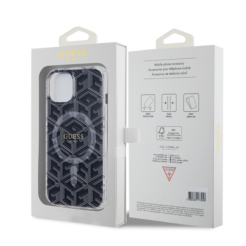 Husa iPhone 15 originala Guess IML GCube MagSafe, negru, GUHMP15SHGCUSTGK