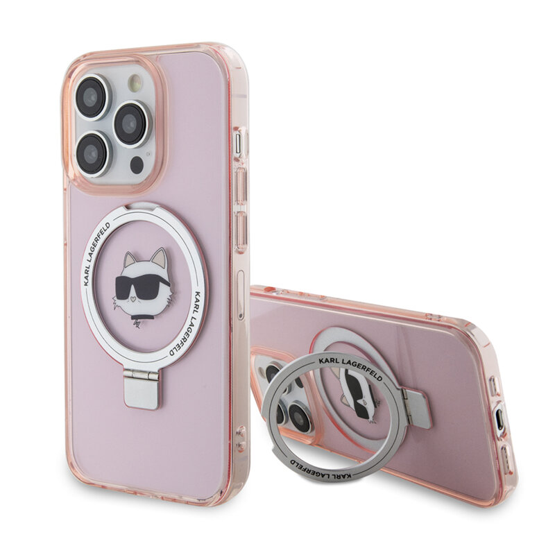 Husa iPhone 15 Pro Karl Lagerfeld Hardcase Ring Stand MagSafe, Choupette Head, roz, KLHMP15LHMRSCHP