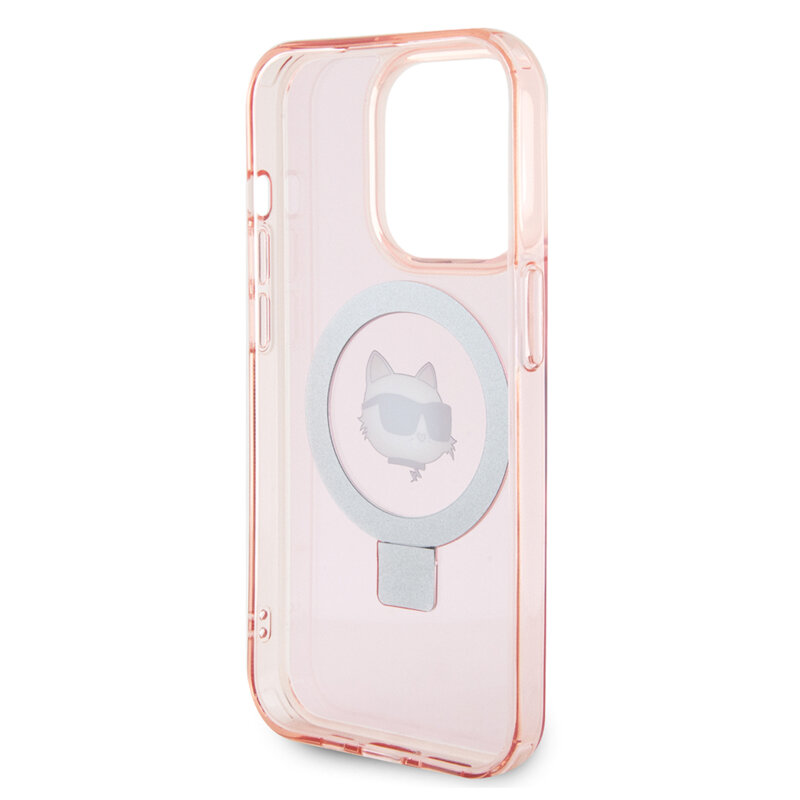 Husa iPhone 15 Pro Karl Lagerfeld Hardcase Ring Stand MagSafe, Choupette Head, roz, KLHMP15LHMRSCHP