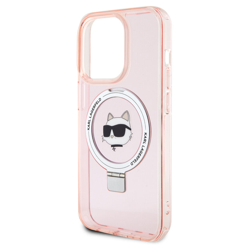Husa iPhone 15 Pro Karl Lagerfeld Hardcase Ring Stand MagSafe, Choupette Head, roz, KLHMP15LHMRSCHP