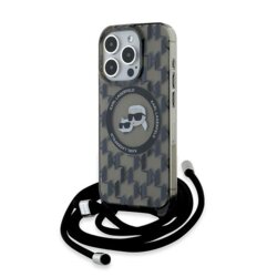 Husa iPhone 15 Pro Max Karl Lagerfeld IML Crossbody MagSafe, Mono Karl&Choupette Head, negru, KLHMP15XHCKCKLCK