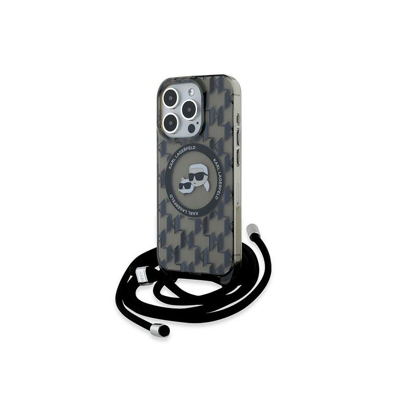 Husa iPhone 15 Pro Max Karl Lagerfeld IML Crossbody MagSafe, Mono Karl&Choupette Head, negru, KLHMP15XHCKCKLCK