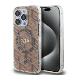 Husa iPhone 15 Pro originala Guess IML GCube MagSafe, maro, GUHMP15LHGCUSTGW