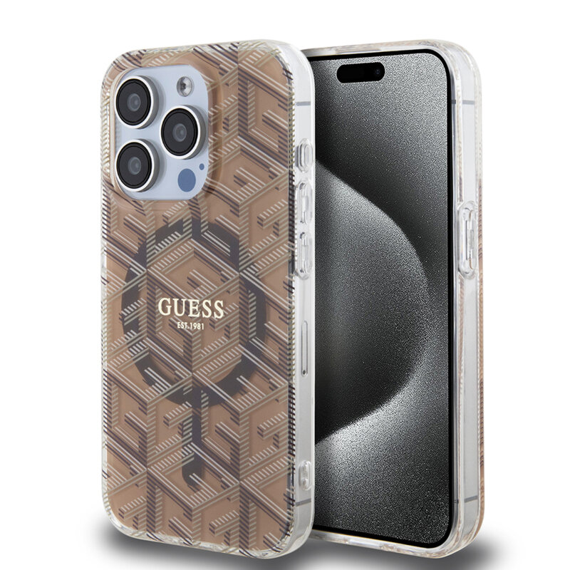 Husa iPhone 15 Pro originala Guess IML GCube MagSafe, maro, GUHMP15LHGCUSTGW