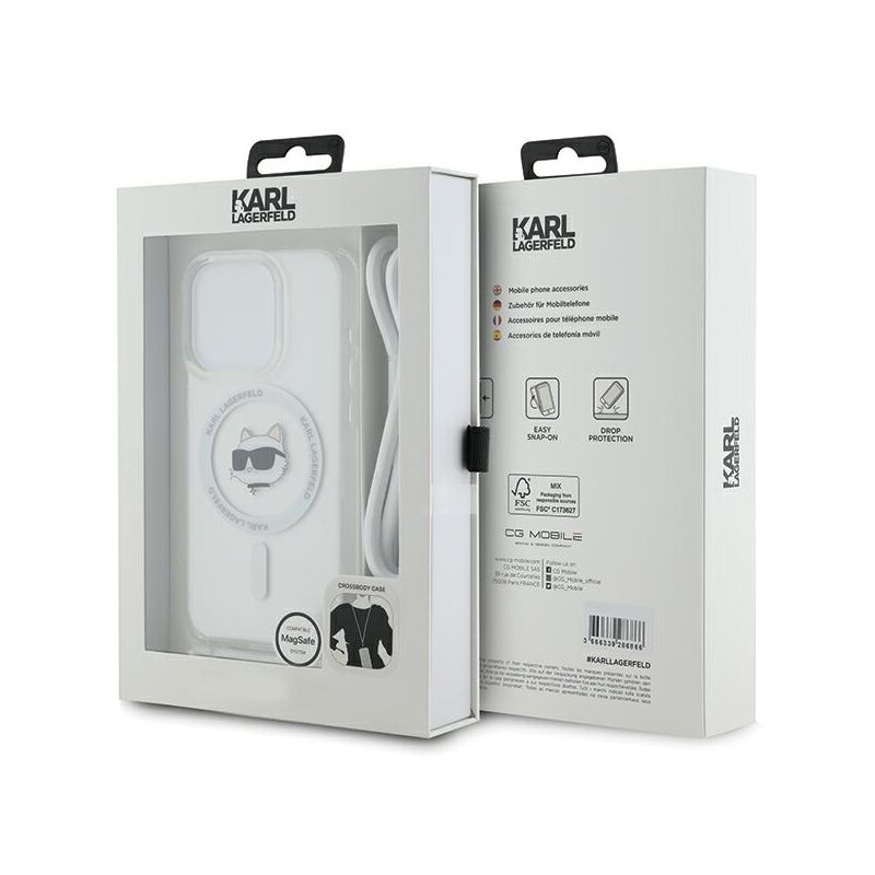 Husa iPhone 15 Pro Max Karl Lagerfeld IML Crossbody MagSafe, Choupette Head&Cord, clear, KLHMP15XHCCHNT