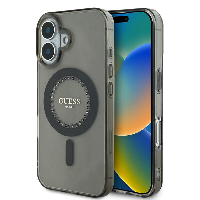 Husa iPhone 16 originala Guess IML Rhinestones MagSafe, negru, GUHMP16SPFTDTEK