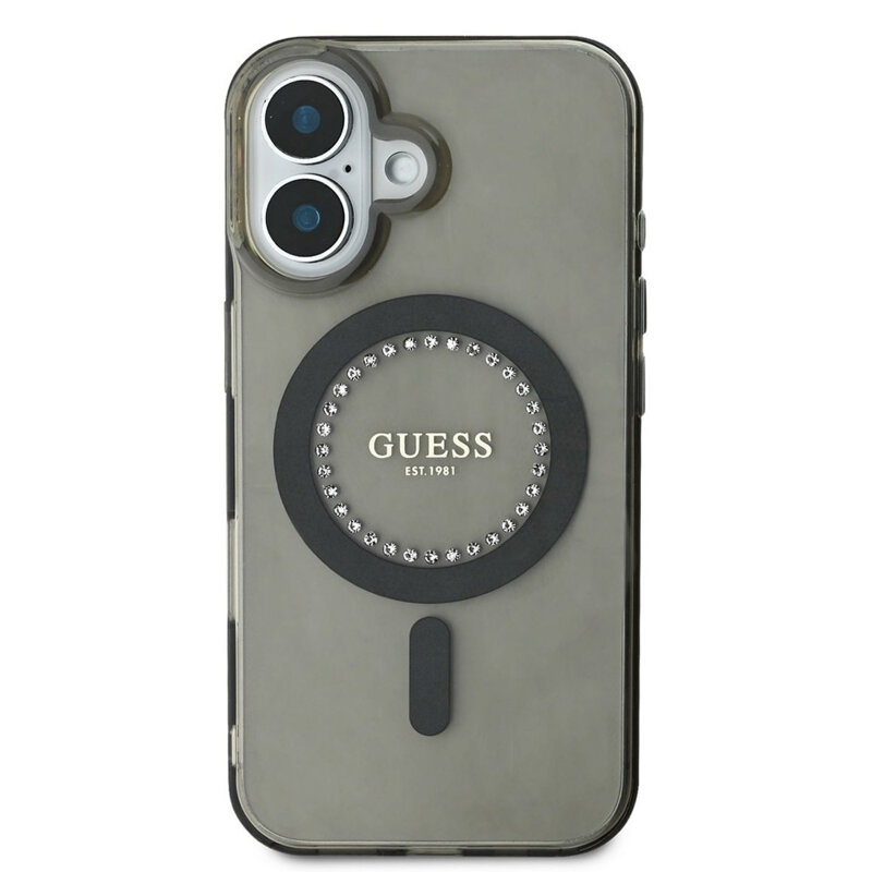 Husa iPhone 16 originala Guess IML Rhinestones MagSafe, negru, GUHMP16SPFTDTEK