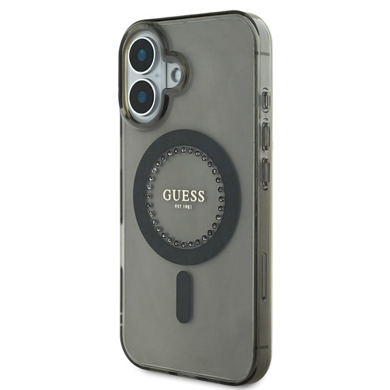 Husa iPhone 16 Plus originala Guess IML Rhinestones MagSafe, negru, GUHMP16MPFTDTEK