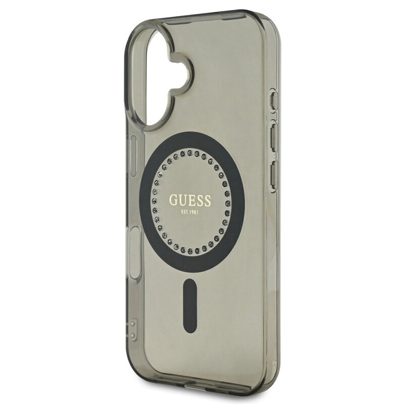 Husa iPhone 16 Plus originala Guess IML Rhinestones MagSafe, negru, GUHMP16MPFTDTEK