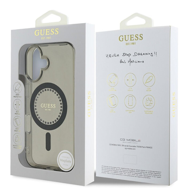 Husa iPhone 16 Plus originala Guess IML Rhinestones MagSafe, negru, GUHMP16MPFTDTEK