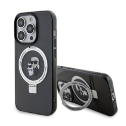 Husa iPhone 15 Pro Karl Lagerfeld Hardcase Ring Stand Magsafe, Karl&Choupette, negru, KLHMP15LHMRSKCK