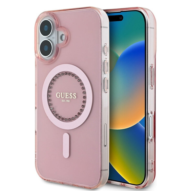 Husa iPhone 16 originala Guess IML Rhinestones MagSafe, roz, GUHMP16SPFTDTEP