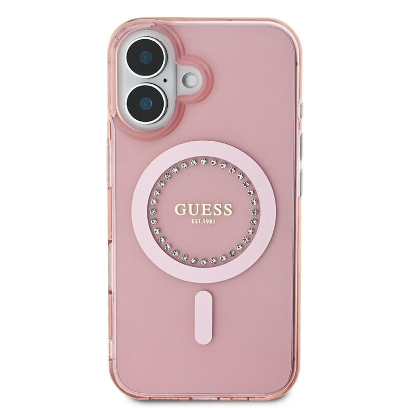 Husa iPhone 16 originala Guess IML Rhinestones MagSafe, roz, GUHMP16SPFTDTEP