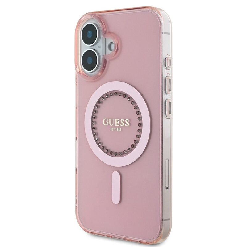 Husa iPhone 16 originala Guess IML Rhinestones MagSafe, roz, GUHMP16SPFTDTEP