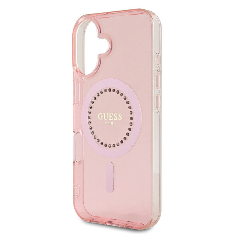 Husa iPhone 16 originala Guess IML Rhinestones MagSafe, roz, GUHMP16SPFTDTEP