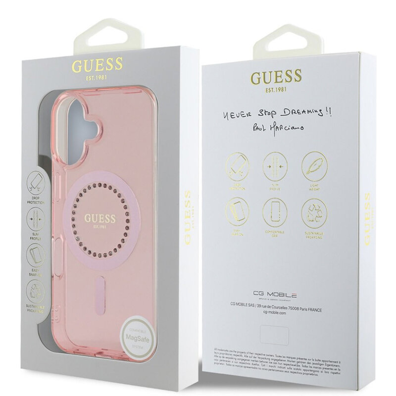 Husa iPhone 16 originala Guess IML Rhinestones MagSafe, roz, GUHMP16SPFTDTEP