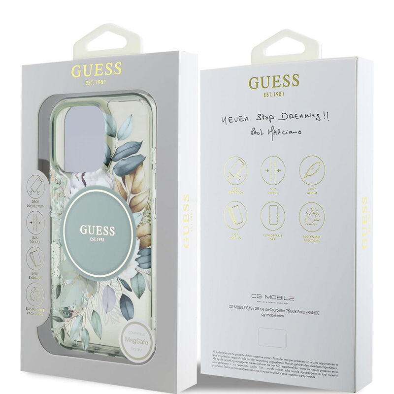 Husa iPhone 16 Pro Max originala Guess IML Flower & Tonal Circle MagSafe, verde, GUHMP16XHFWBDCEN