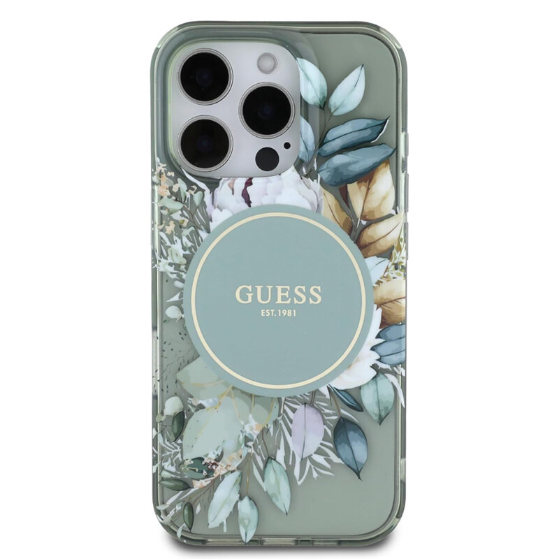 Husa iPhone 16 Pro originala Guess IML Flower & Tonal Circle MagSafe, verde, GUHMP16LHFWBDCEN