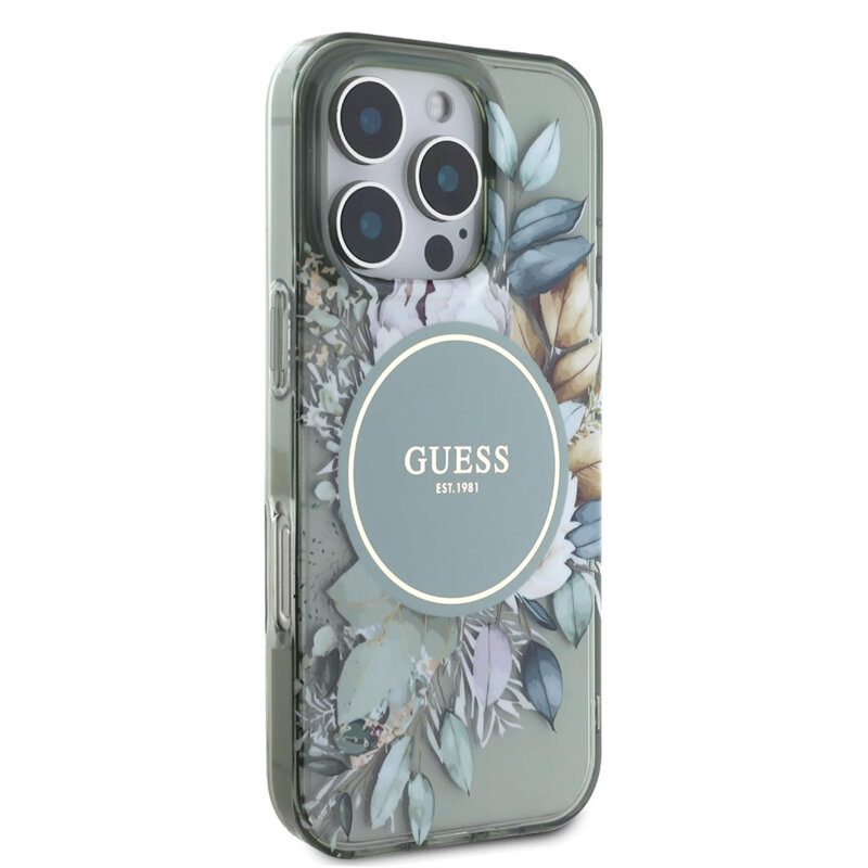 Husa iPhone 16 Pro originala Guess IML Flower & Tonal Circle MagSafe, verde, GUHMP16LHFWBDCEN