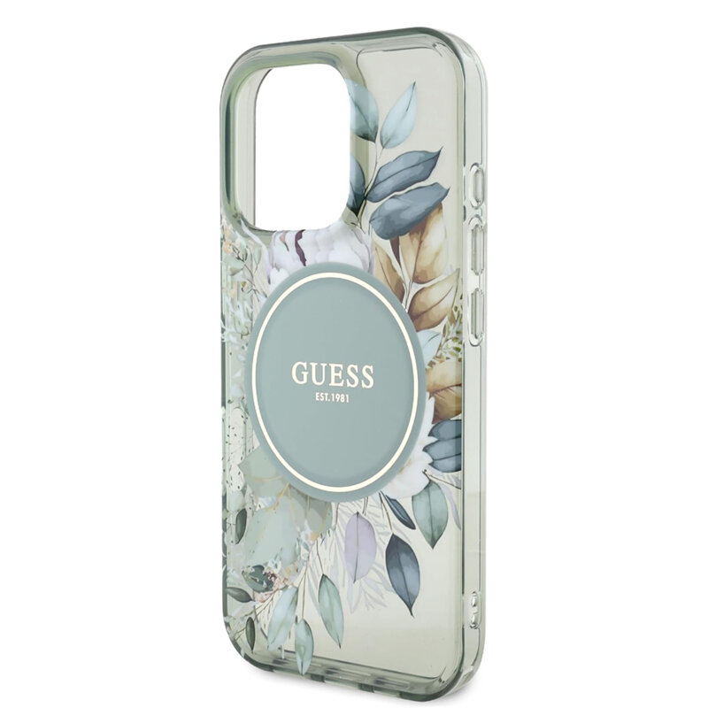 Husa iPhone 16 Pro originala Guess IML Flower & Tonal Circle MagSafe, verde, GUHMP16LHFWBDCEN