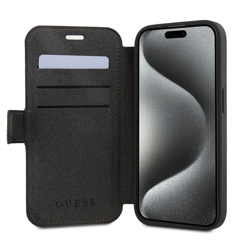 Husa tip carte iPhone 15 Pro Guess Book 4G, gri, GUBKP15L4GMGGR