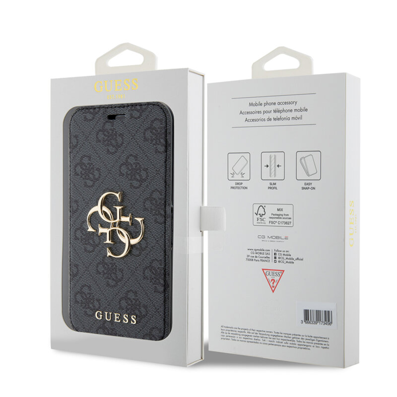 Husa tip carte iPhone 15 Pro Guess Book 4G, gri, GUBKP15L4GMGGR