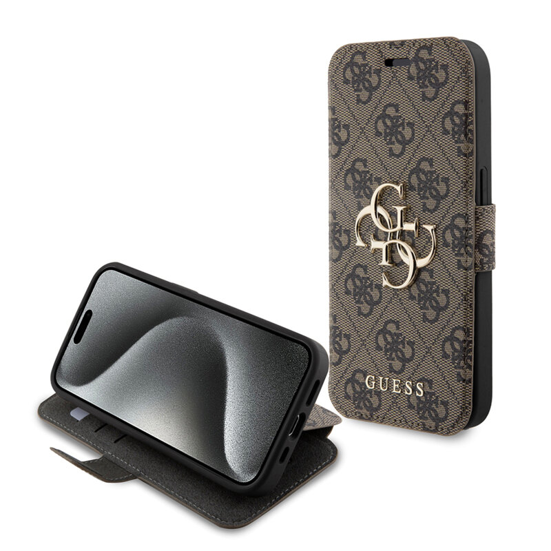 Husa tip carte iPhone 15 Pro Guess Book 4G, maro, GUBKP15L4GMGBR