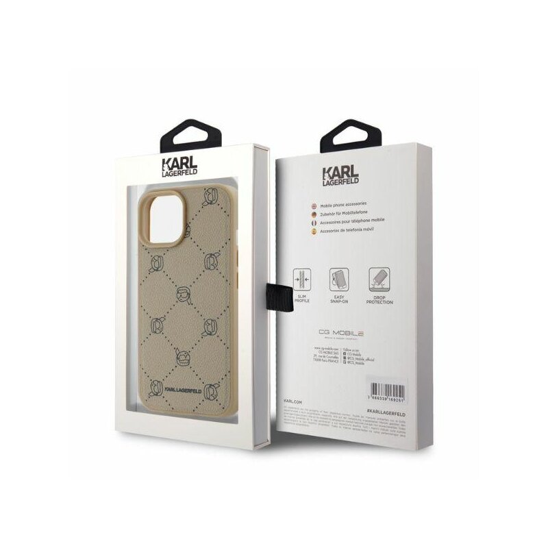 Husa iPhone 15 Karl Lagerfeld Leather MagSafe, Karl Head, bej, KLHMP15SPGKHPHE