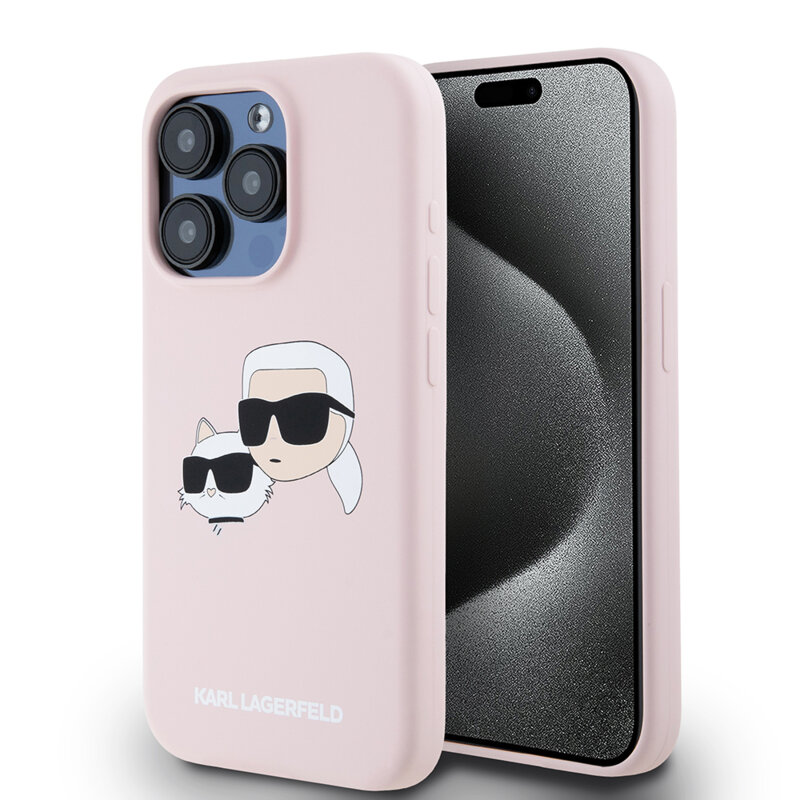 Husa Karl Lagerfeld iPhone 15 Pro Silicone MagSafe, Karl&Choupette Head, roz, KLHMP15LSKCHPPLP