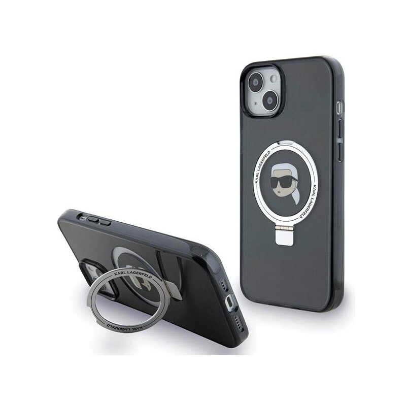 Husa iPhone 15 Karl Lagerfeld Hardcase Ring Stand MagSafe, Karl Head, negru, KLHMP15SHMRSKHK