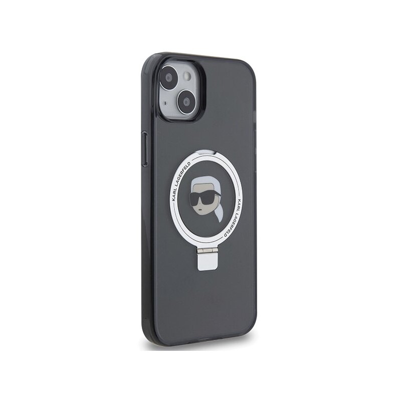 Husa iPhone 15 Karl Lagerfeld Hardcase Ring Stand MagSafe, Karl Head, negru, KLHMP15SHMRSKHK